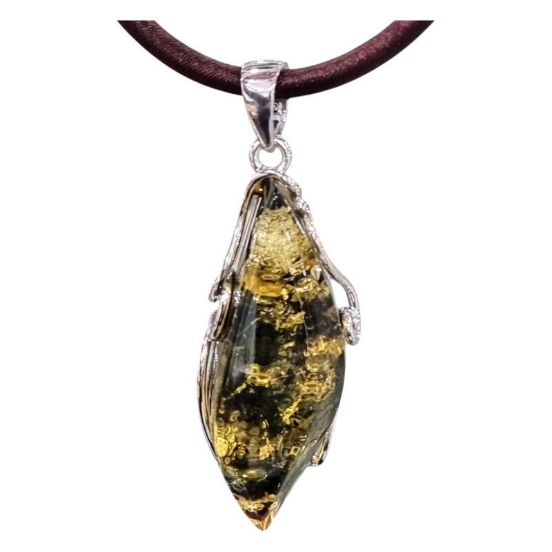 Pendentif Ambre Vert Argent 925 avec Cordon 36 cm