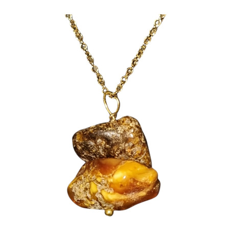 Pendentif Ambre Brute avec Chaîne Acier Inox Plaquée Or 44 cm