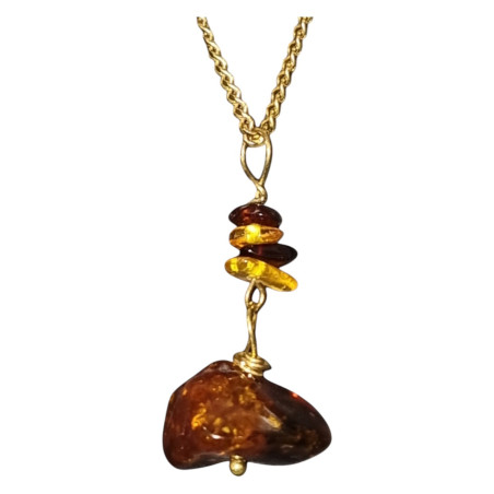 Pendentif Ambre Brute avec Chaîne Acier Inox Plaquée Or 48 cm