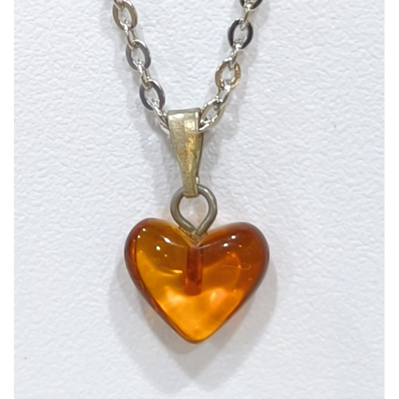 Pendentif Ambre Cœur avec Chaîne Acier Inox 50 cm