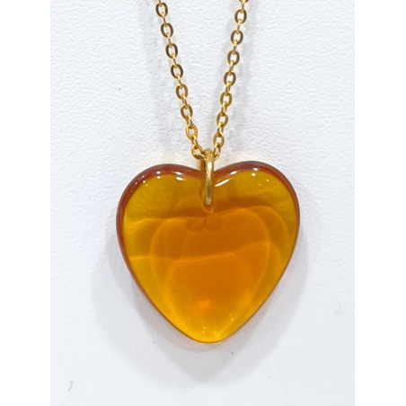 Pendentif Ambre Baltique Cœur avec Chaîne Acier Inox Plaquée Or 36 cm
