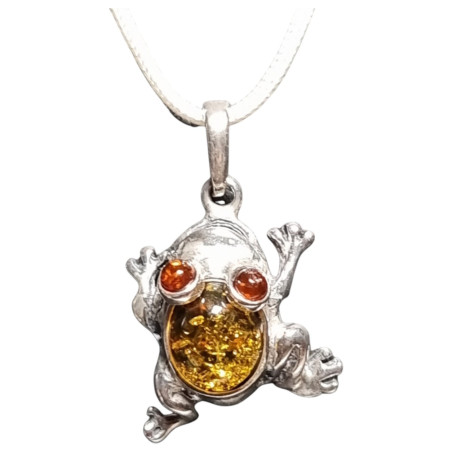 Pendentif Ambre Grenouille Argent 925 sur Cordon Réglable
