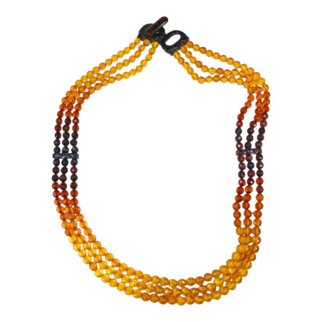 Collier Ambre Baltique Cognac 3 Rangs Pierres Rondes Facettées 4mm avec Fermoir 48 cm
