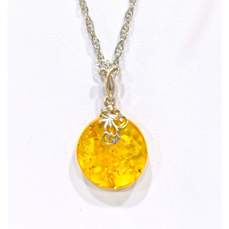 Pendentif Ambre Baltique Rond Argent 925 avec Chaîne 44 cm