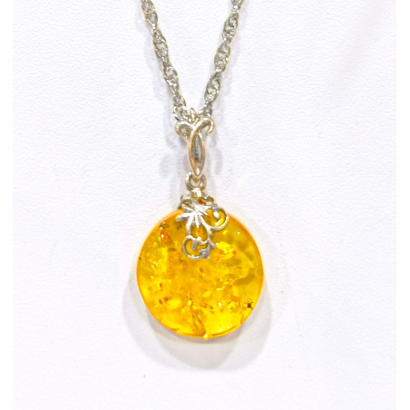 Pendentif Ambre Baltique Rond Argent 925 avec Chaîne 44 cm