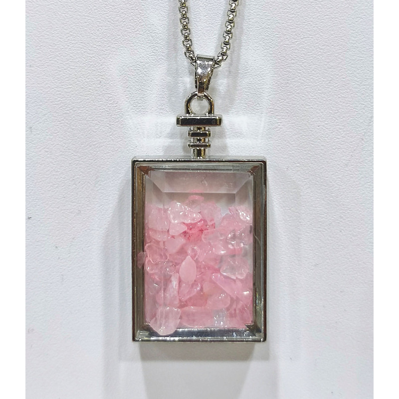 Pendentif Quartz Rose Rectangle 5 cm et Chaîne Acier 29 cm