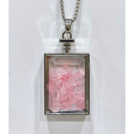 Pendentif Quartz Rose Rectangle 5 cm et Chaîne Acier 29 cm