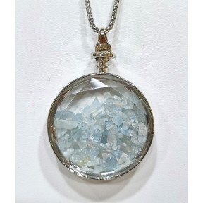 Pendentif Aigue Marine Rond 5 cm et Chaîne Acier 29 cm