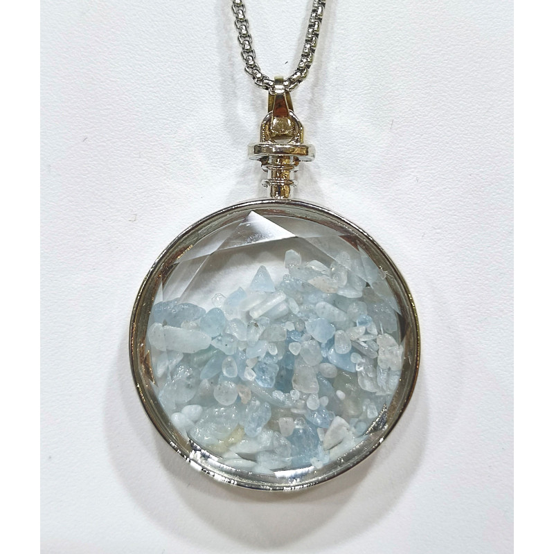 Pendentif Aigue Marine Rond 5 cm et Chaîne Acier 29 cm