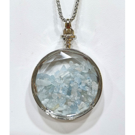 Pendentif Aigue Marine Rond 5 cm et Chaîne Acier 29 cm
