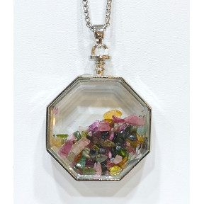 Pendentif Tourmaline Multicolore Hexagone 5 cm et Chaîne Acier 29 cm