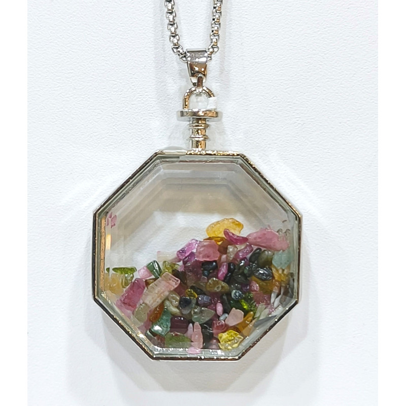 Pendentif Tourmaline Multicolore Hexagone 5 cm et Chaîne Acier 29 cm