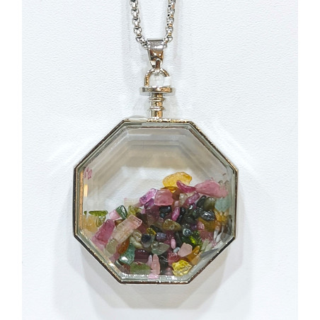 Pendentif Tourmaline Multicolore Hexagone 5 cm et Chaîne Acier 29 cm