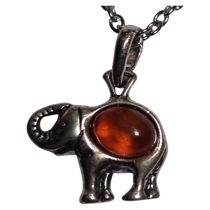 Pendentif Ambre Eléphant Argent 925 avec Chaîne 44 cm