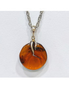 Pendentif Ambre Baltique Cognac Rond Argent 925 avec Chaîne 46 cm