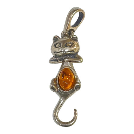 Pendentif Ambre Baltique Chat Argent 925