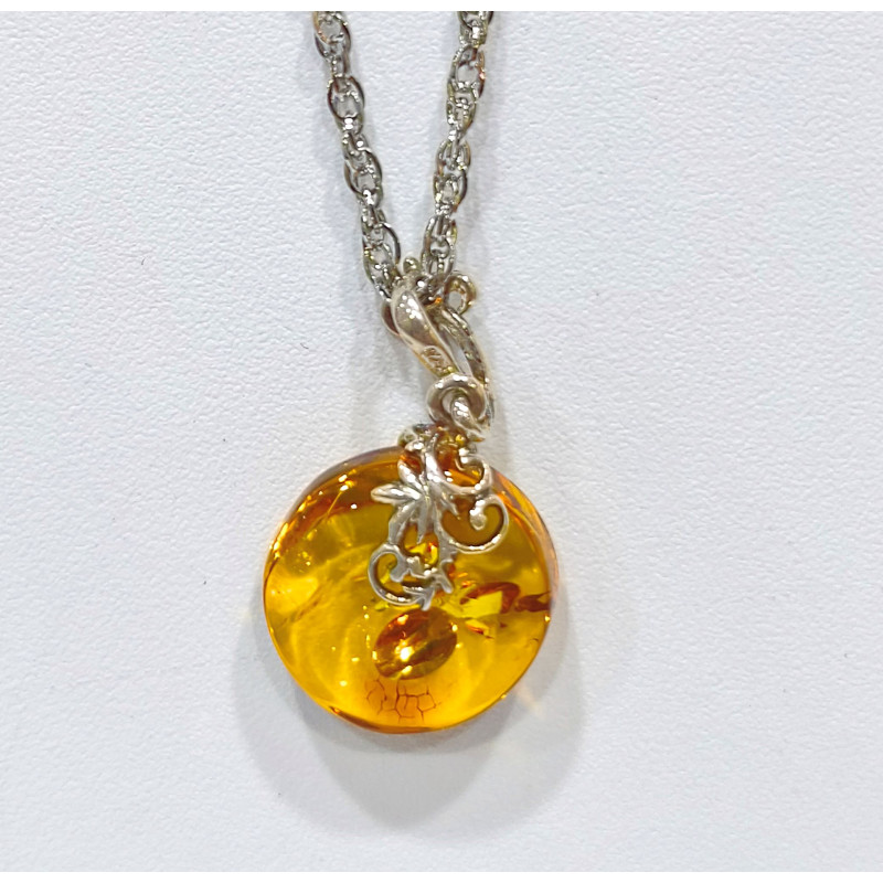 Pendentif Ambre Baltique Rond Argent 925 avec Chaîne 46 cm