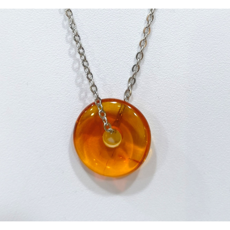 Pendentif Ambre Baltique Cognac Donut 925 avec Chaîne 46 cm