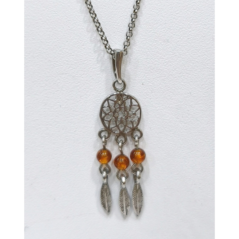 Pendentif Ambre Baltique Fleur de Vie Attrape-rêves  Argent 925 avec Chaîne 42 + 3 cm