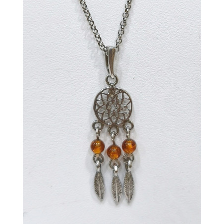Pendentif Ambre Baltique Fleur de Vie Attrape-rêves  Argent 925 avec Chaîne 42 + 3 cm