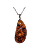 Pendentif Ambre Cognac Goutte avec Chaîne Acier 50 cm