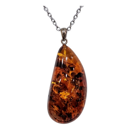 Pendentif Ambre Cognac Goutte avec Chaîne Acier 50 cm