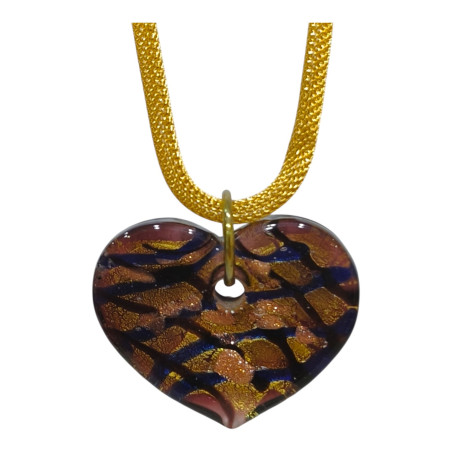 Pendentif Verre de Murano Cœur avec Chaîne Acier Inox Plaqué Or 38 cm