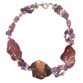 Collier Jaspe Mokaïte Améthyste Rhodonite Rhodochrosite Quartz Rose 42 cm avec Insert et fermoir Argent 925