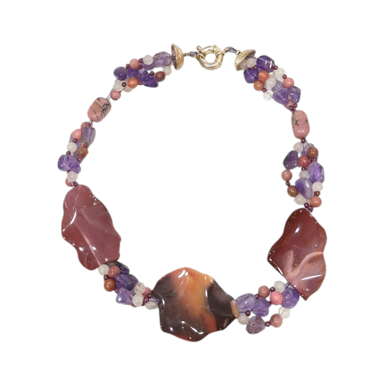 Collier Jaspe Mokaïte Améthyste Rhodonite Rhodochrosite Quartz Rose 42 cm avec Insert et fermoir Argent 925