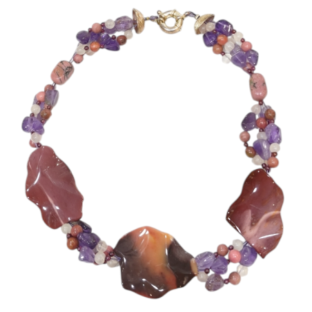Collier Jaspe Mokaïte Améthyste Rhodonite Rhodochrosite Quartz Rose 42 cm avec Insert et fermoir Argent 925