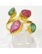Bague Rubis Emeraude Laiton Plaqué Or Taille 54 Collection NIIKI PARIS
