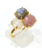 Bague Labradorite Quartz Cerise Pierre de Lune Laiton Plaqué Or Taille 57 Collection NIIKI PARIS