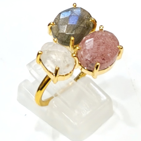 Bague Labradorite Quartz Cerise Pierre de Lune Laiton Plaqué Or Taille 57 Collection NIIKI PARIS