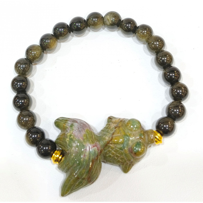 Bracelet Obsidienne Dorée Pierres Rondes 8 mm Poisson Jaspe