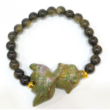 Bracelet Obsidienne Dorée Pierres Rondes 8 mm Poisson Jaspe