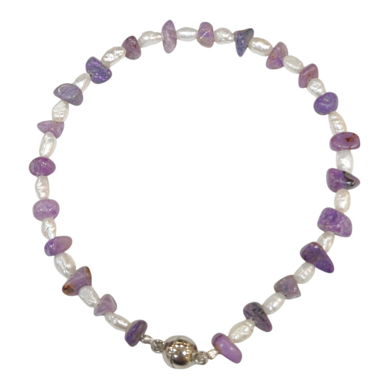 Bracelet Sugilite Claire et Perles d'Eau Douce Grain de Riz Baroque Acier avec Fermoir Aimants Longueur 18/19 cm