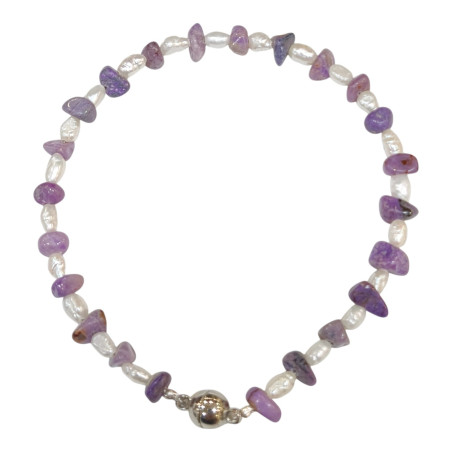 Bracelet Sugilite et Perles d'Eau Douce Grain de Riz Baroque Acier avec Fermoir Aimants Longueur 18/19 cm