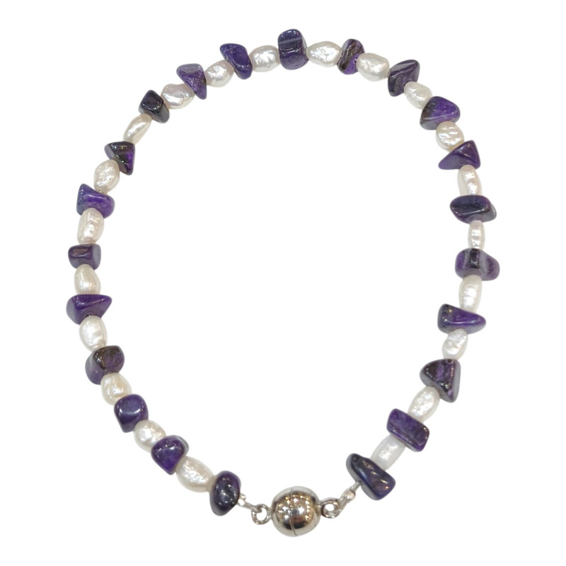Bracelet Sugilite et Perles d'Eau Douce Grain de Riz Baroque Acier avec Fermoir Aimants Longueur 18/19 cm