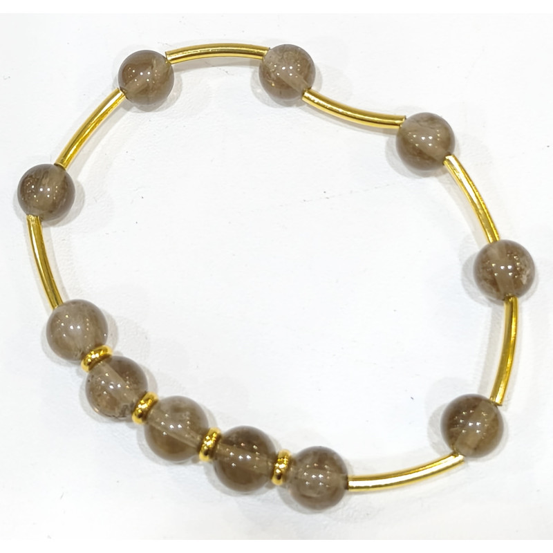 Bracelet Quartz Fumé Pierres Rondes 8 mm Doré