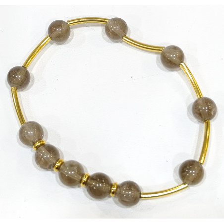 Bracelet Quartz Fumé Pierres Rondes 8 mm Doré
