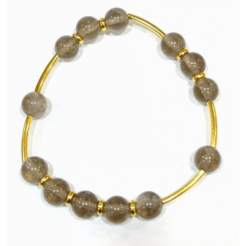 Bracelet Quartz Fumé Pierres Rondes 8 mm Doré