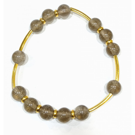 Bracelet Quartz Fumé Pierres Rondes 8 mm Doré