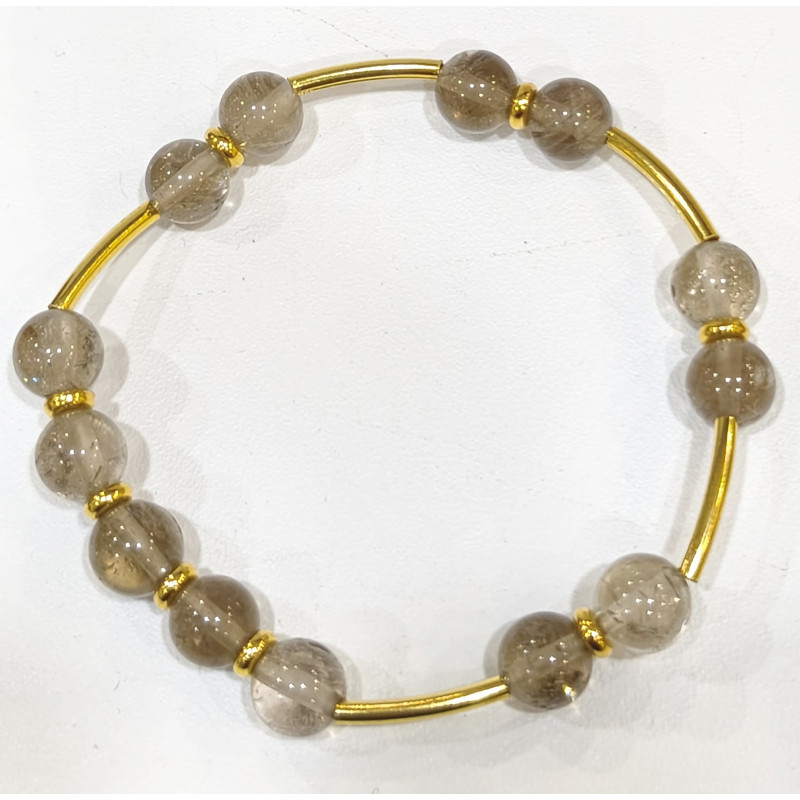 Bracelet Quartz Fumé Pierres Rondes 8 mm Doré