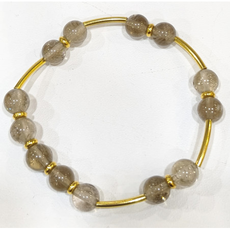 Bracelet Quartz Fumé Pierres Rondes 8 mm Doré