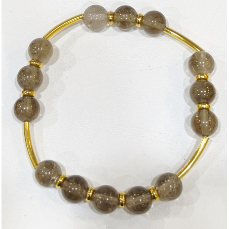 Bracelet Quartz Fumé Pierres Rondes 8 mm Doré Modèle 2