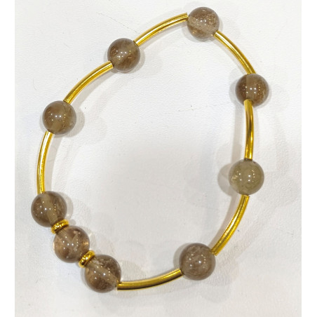 Bracelet Quartz Fumé Pierres Rondes 8 mm Doré