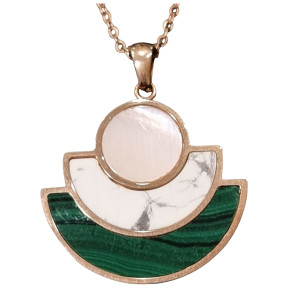 Pendentif Malachite Howlite et Nacre avec Chaîne Acier Plaqué or Rose 45 + 5 cm