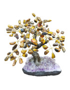 Arbre du bonheur Œil de Tigre Hauteur 28 cm Socle Améthyste largeur 19 cm