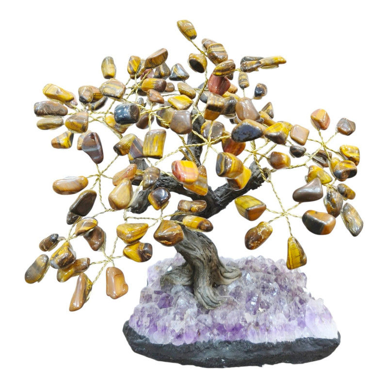 Arbre du bonheur Œil de Tigre Hauteur 28 cm Socle Améthyste largeur 19 cm Arbre du bonheur Œil de Tigre Hauteur 28 cm Socle Améthyste largeur 19 cm