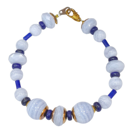 Bracelet Lapis-lazuli et Calcédoine Pierres Rondes et Facettées avec Fermoir